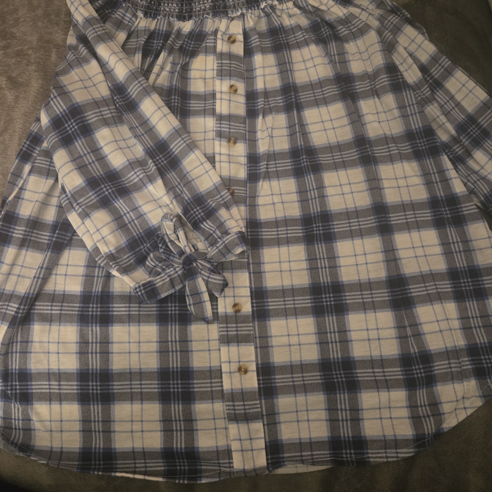 Blue and White Plaid Button-Up Shirt